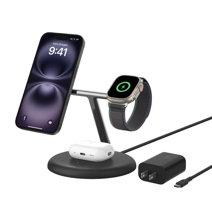 Belkin - BoostCharge Pro - 3-in-1 Magnetic Wireless Charging Stand with Qi2 with 15 Watt  - Black