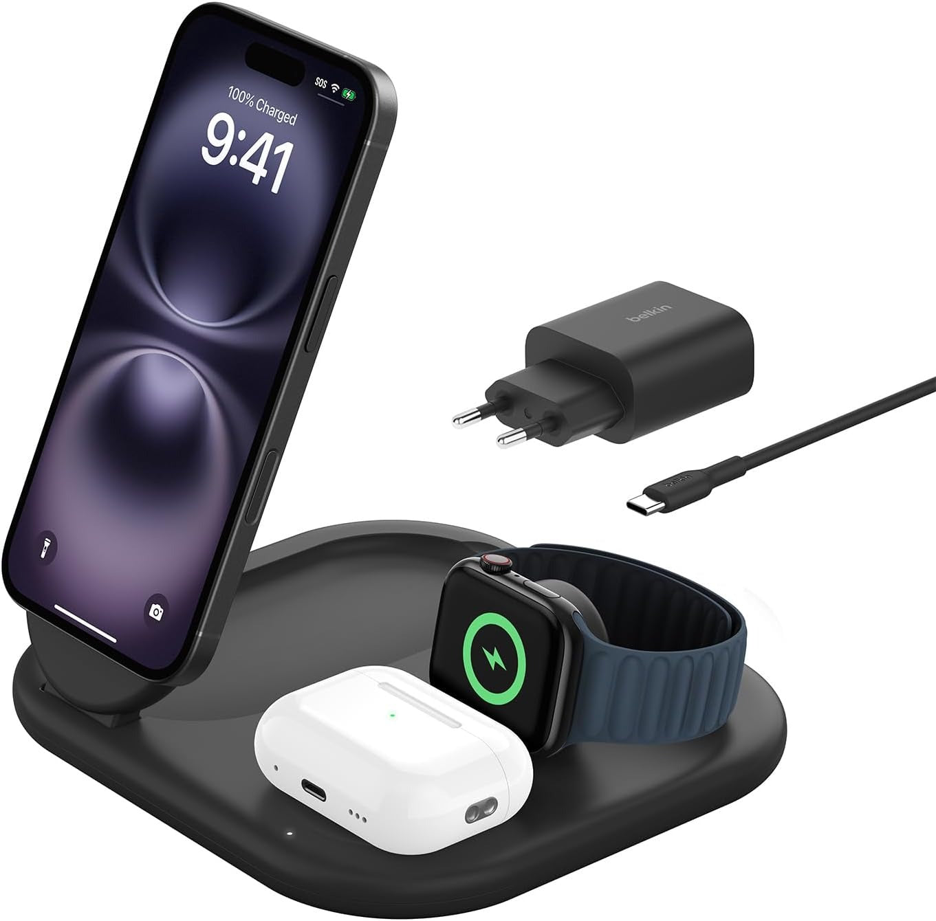 Belkin - BoostCharge Pro Foldable: 3-in-1 Qi2 Wireless Charger - BLACK