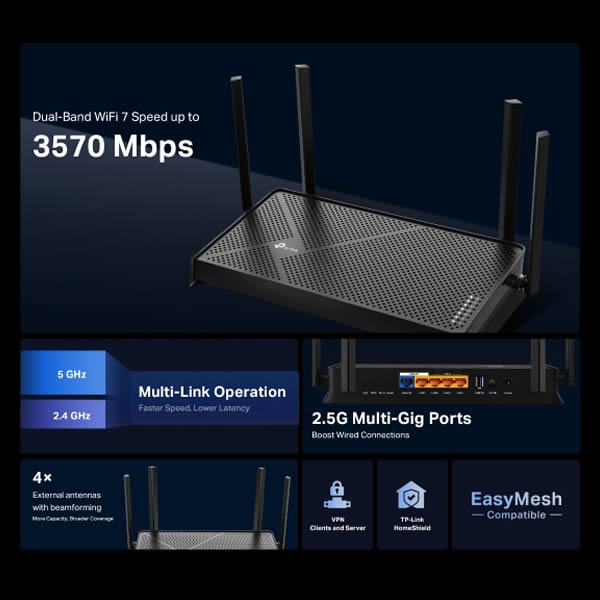 TP-Link Dual-Band BE3600 Wi-Fi 7 Router Archer BE230 | 4-Stream 3.6 Gbps | 2×2.5G + 3×1G Ports, USB 3.0, 2.0 GHz Quad Core, 4 Antennas | VPN Clients