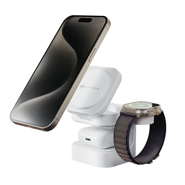 HyperJuice Qi2 3-in-1 Magnetic Charging Stand MagSafe  - White