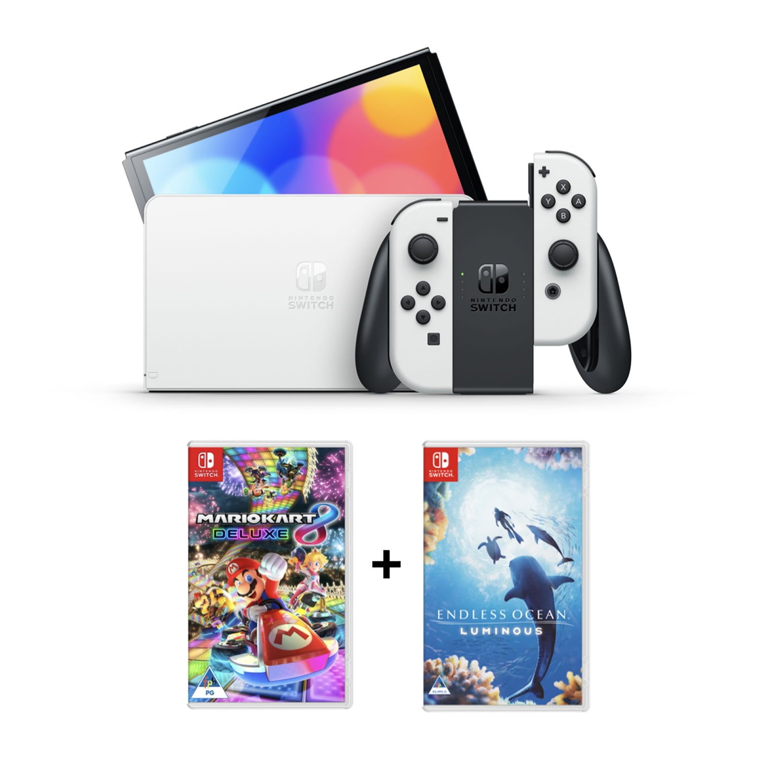 Switch OLED Console - White + Mario Kart 8 Deluxe & Endless Ocean Luminous Bundle