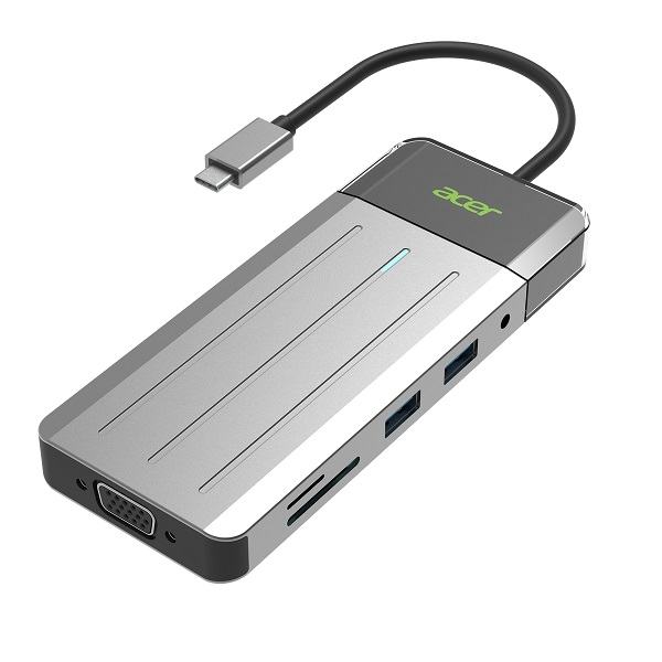 Acer ZL.DCK11.005 ODK3K0 USB-C 9-In-1 Travel Dock With 2X USB3.2 Gen1 5Gbps, HDMI 4K@30Hz, VGA 1080P@60Hz, GLAN, SD & TF Card Slot And 3.5mm Aux Jack And USB-C 100W (Max) Power Delivery - Grey Colour