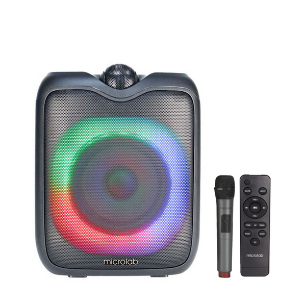 Microlab PT601W Bluetooth Portable Wireless Speaker with Stylish 7-colour LED lighting, 20W RMS, USB/TF/FM/AUX, Rechargeable Battery 3600mAh, TWS Function and Included 1X Microphone and Remote Control - Black Colour