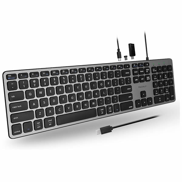 MACALLY Full Size Wired USB-C Keyboard with USB Ports