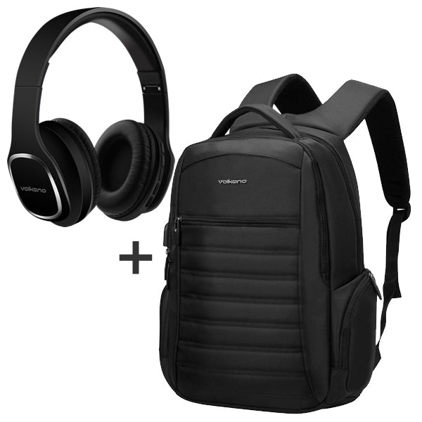 Volkano Boston Series 15.6" Laptop Backpack - Black + Volkano Phonic Series BT Headphones